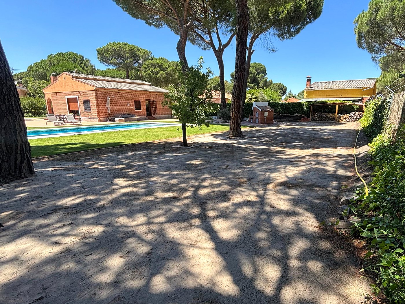 La finca: pinar, aparcamiento, barbacoa y leñero